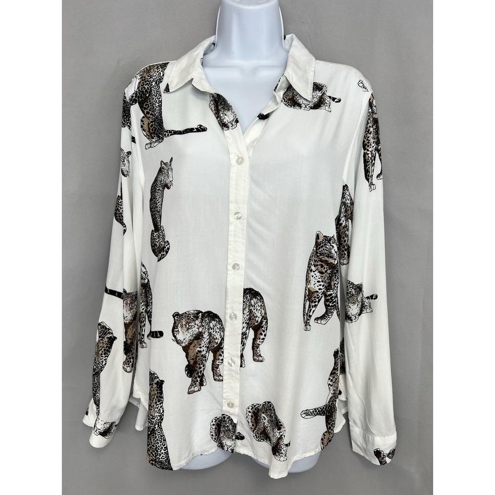Jane+Delancey Womens Large Leopard Button Up Shirt White Animal Print Blouse